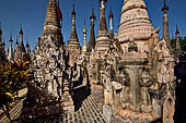Rows of stupas in the Kakku (Kekku) Pagoda complex. The complex was kept hidden from the rest of the world until 2002 when it was opened to foreigners. Shan State, Burma (Myanmar). 